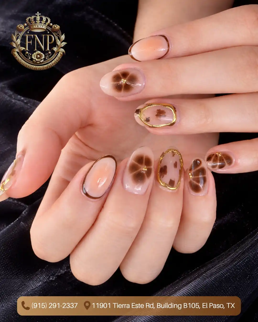 Nude and brown floral-style accents with gold outlines (with visible text overlay)