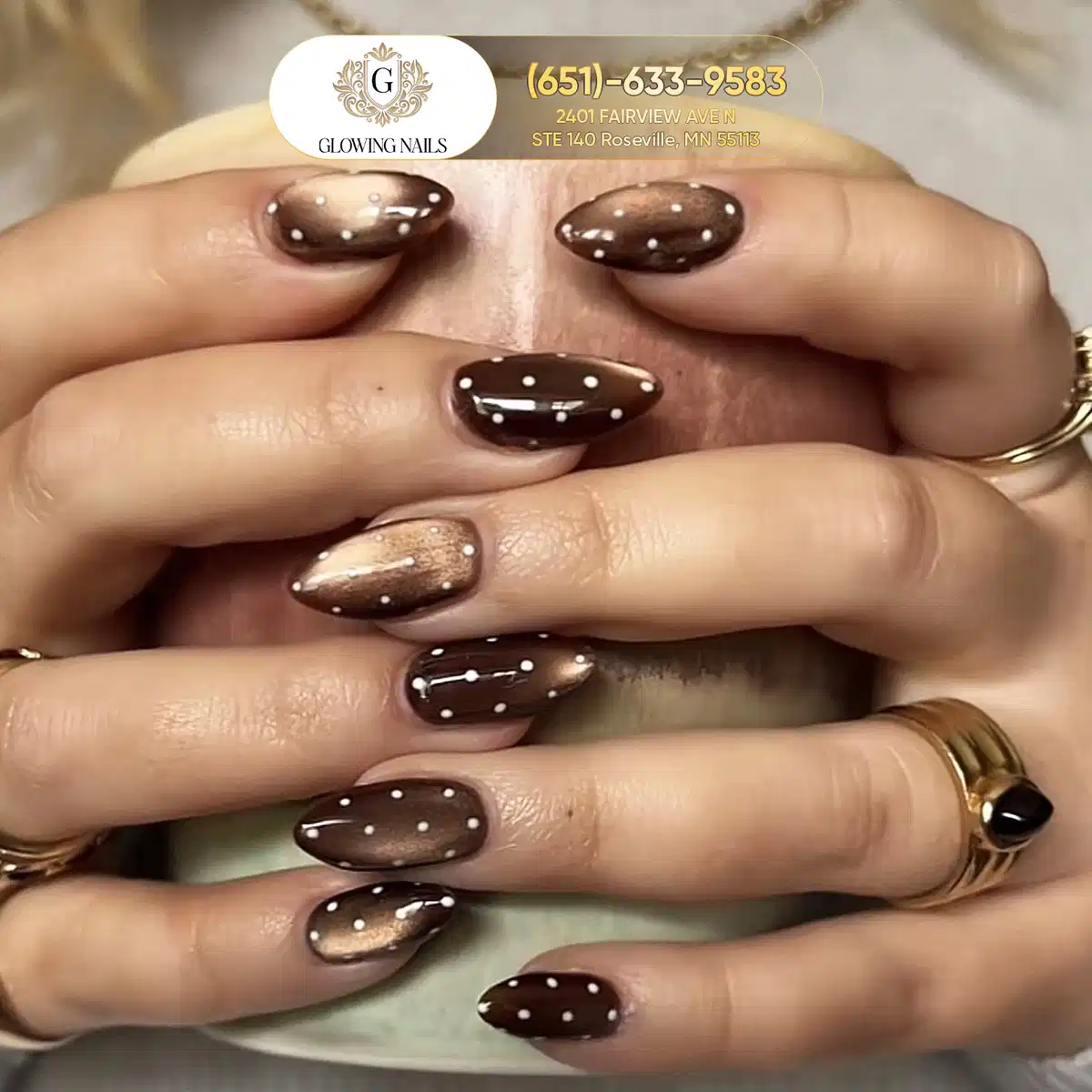 Chocolate brown polka dots with metallic bronze gradient