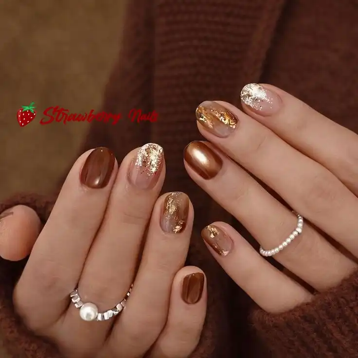 Short chocolate and copper tones with gold foil accents