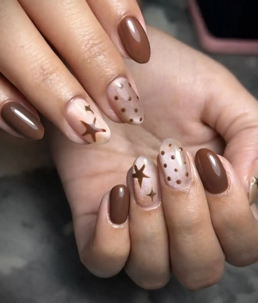Brown solids with star and polka-dot accents