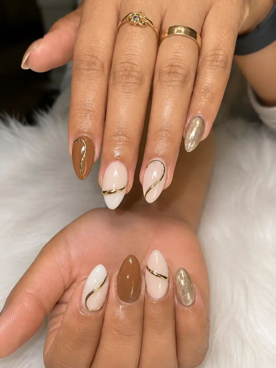 Brown, White, and Silver with Thin Gold Swirl Lines
