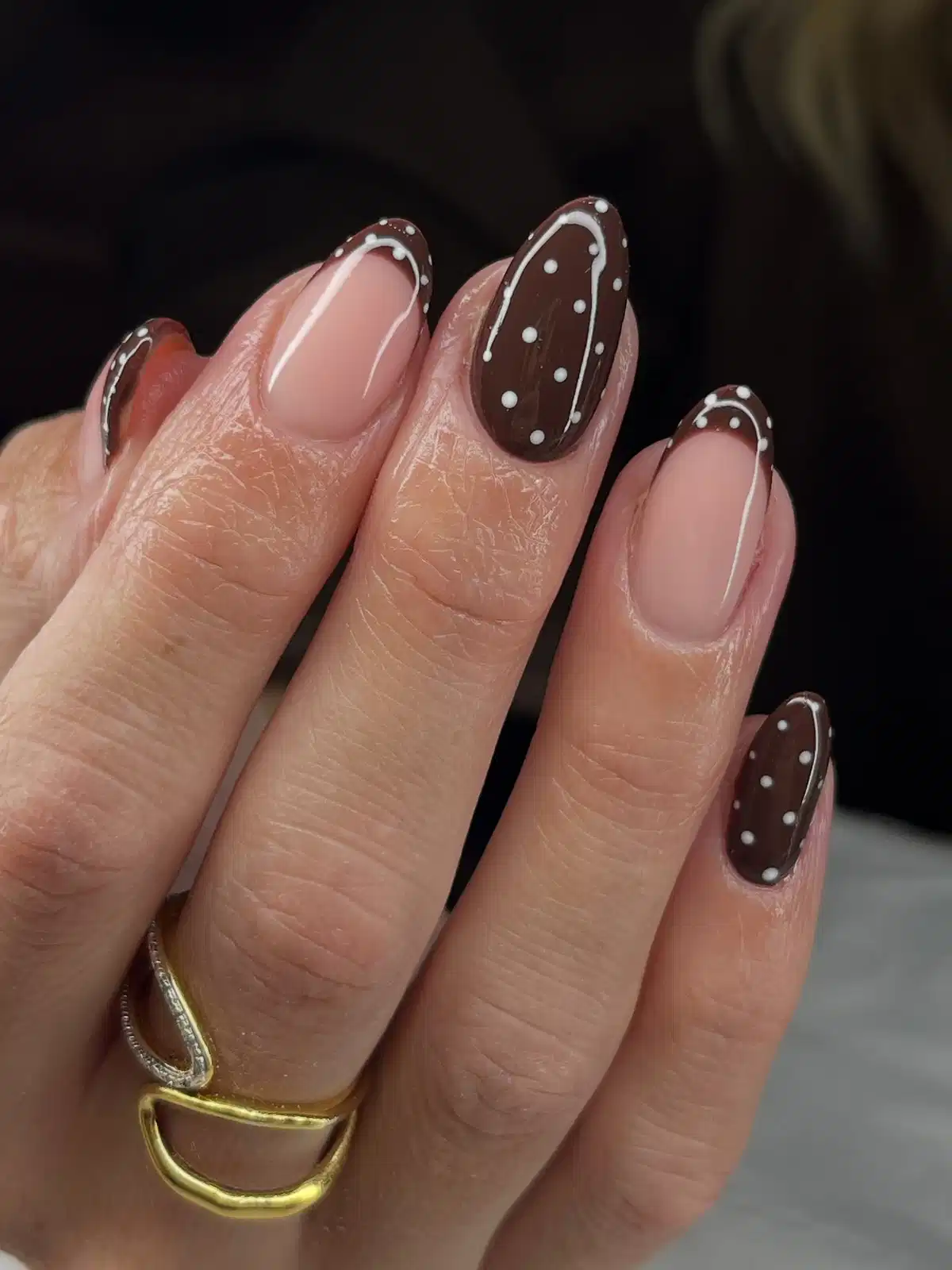 Nude pink with brown edging and dark brown dotted accents