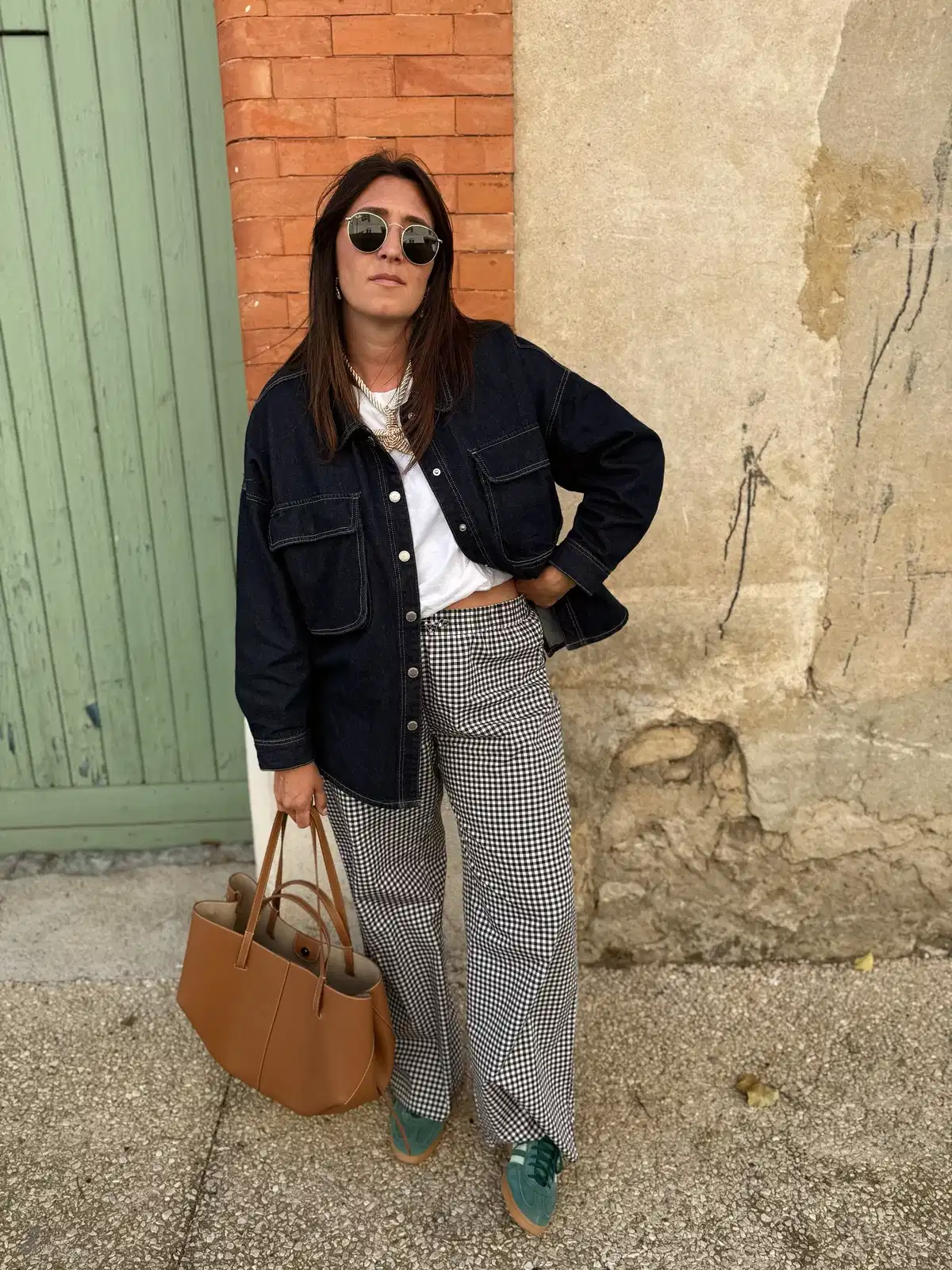Denim Jacket with Gingham Pants and Tan Tote