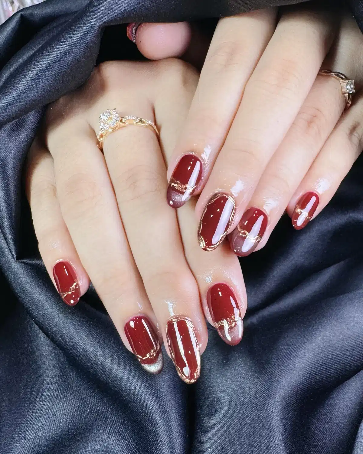 Glossy maroon with gold edge outlining
