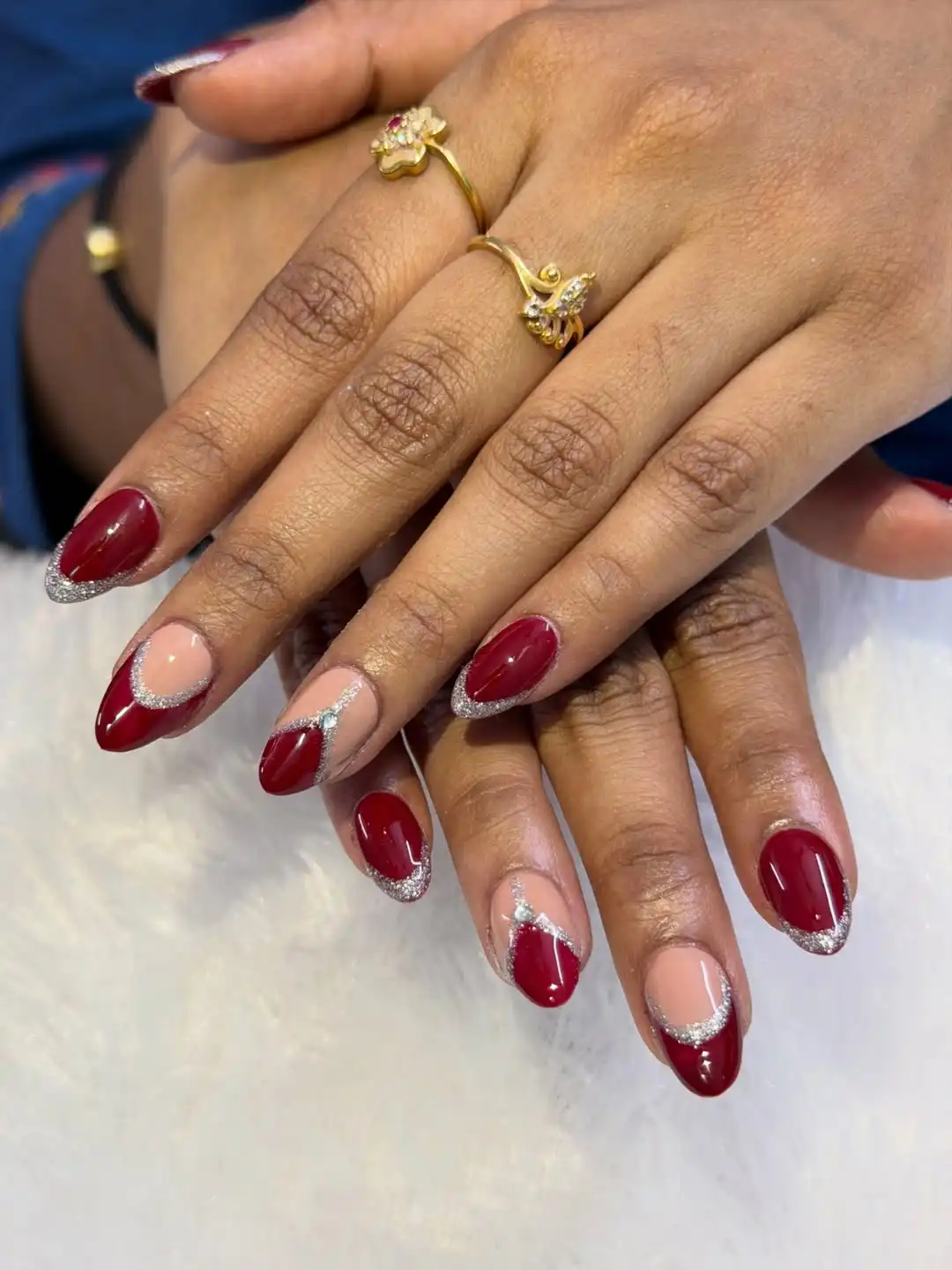 Maroon Tips with Silver Glitter and Gem Accent