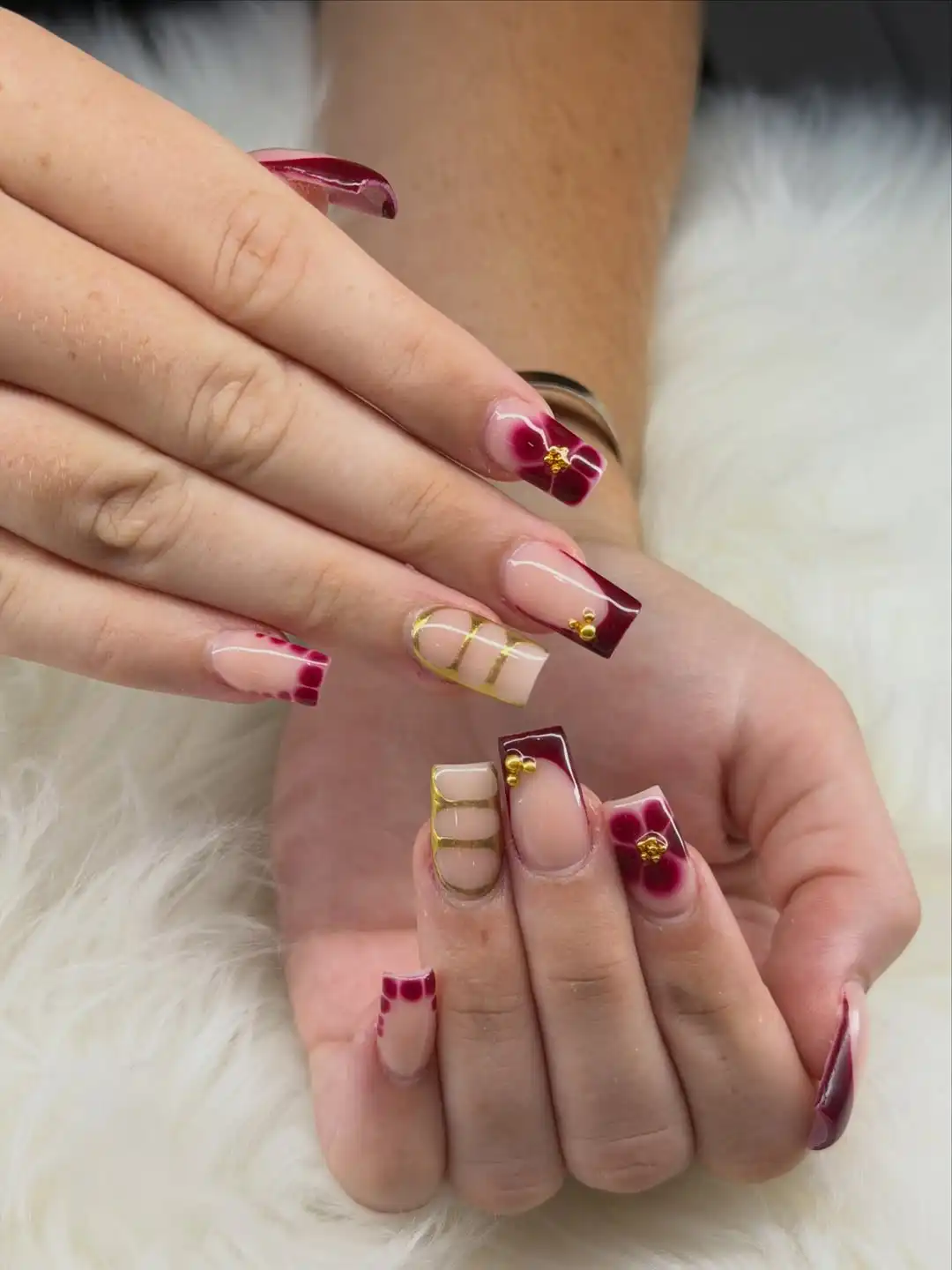 Square Maroon French Tips with Gold Lines and Flowers