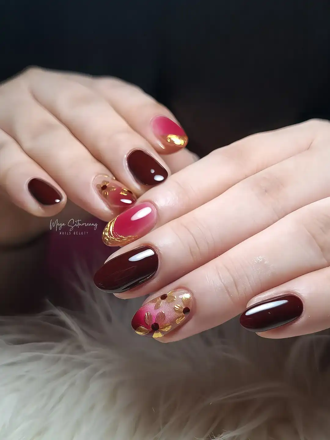 Dark maroon mix with pink gradient and gold foil accents