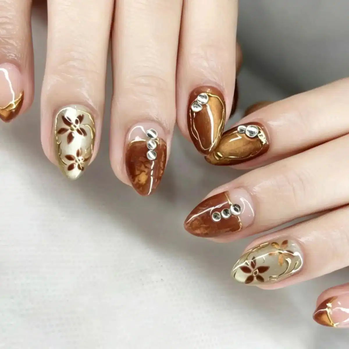 Brown and Cream Florals with Stud Accents