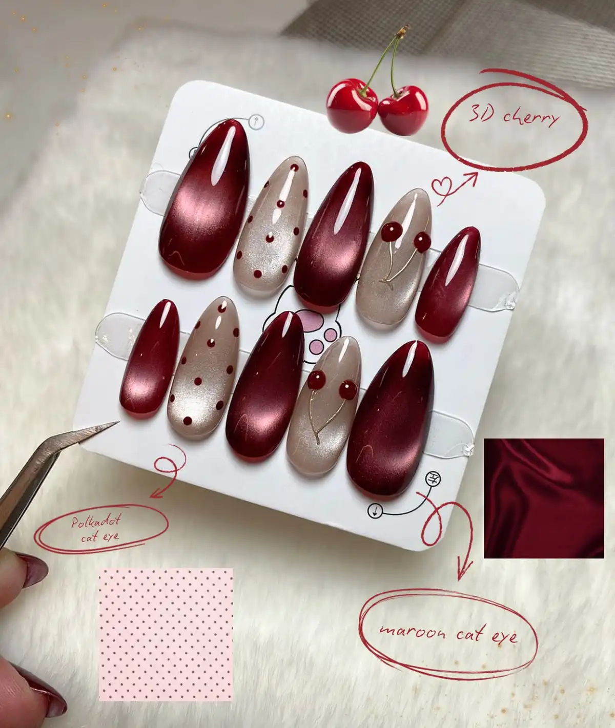 Maroon and beige press-on set with polka dots and raised cherry accents