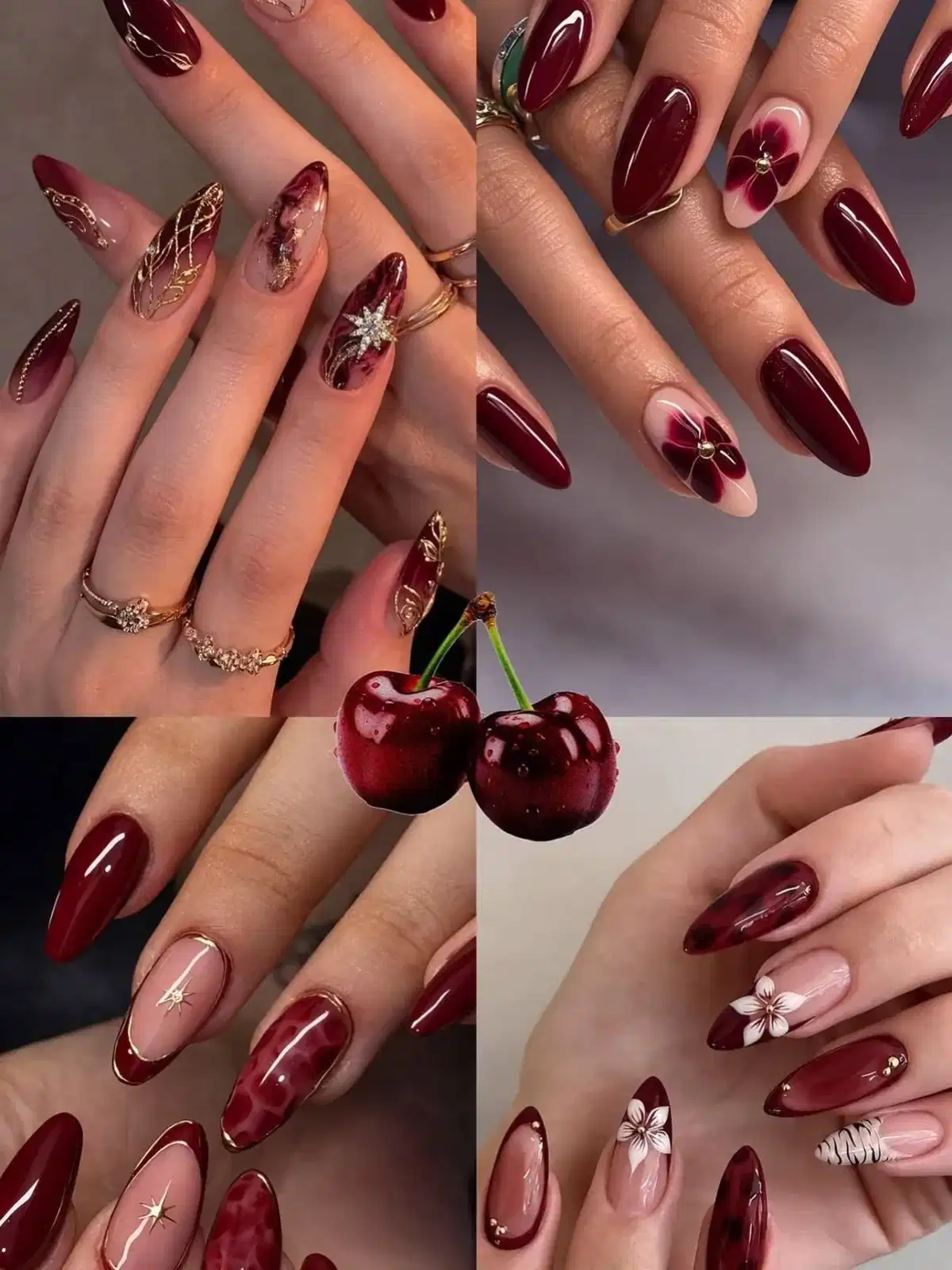 Collage of glossy maroon designs with nude accents, gold lines, and florals