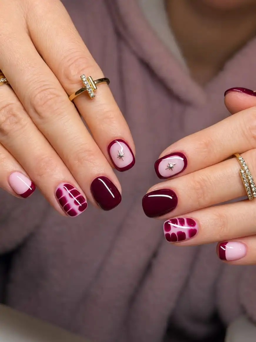 Maroon and pale pink mix with star accents and graphic patterns