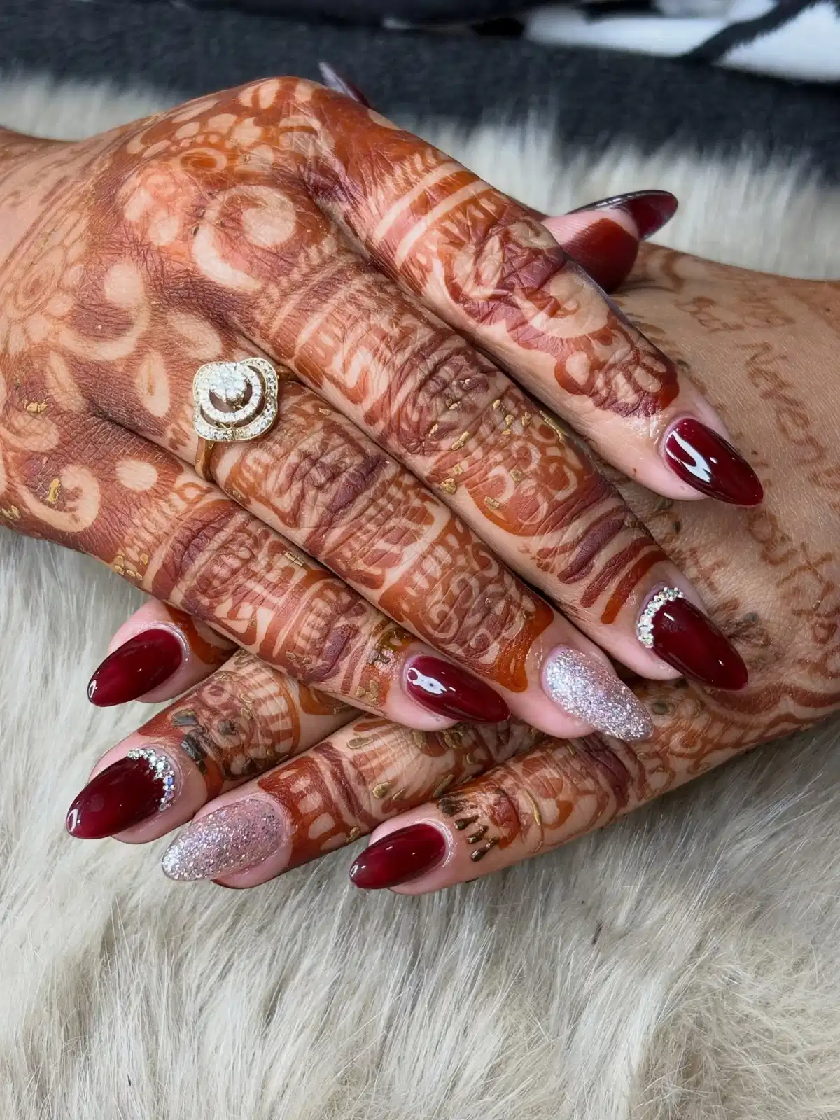 Maroon and silver glitter with rhinestone cuticle arcs