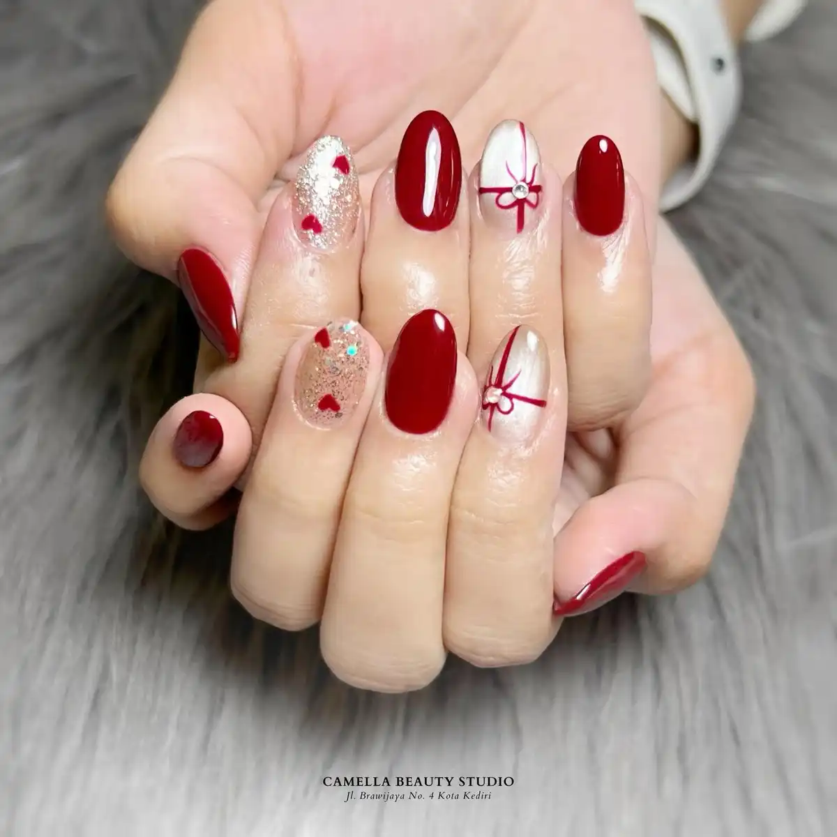 Maroon with silver glitter and ribbon-bow accents