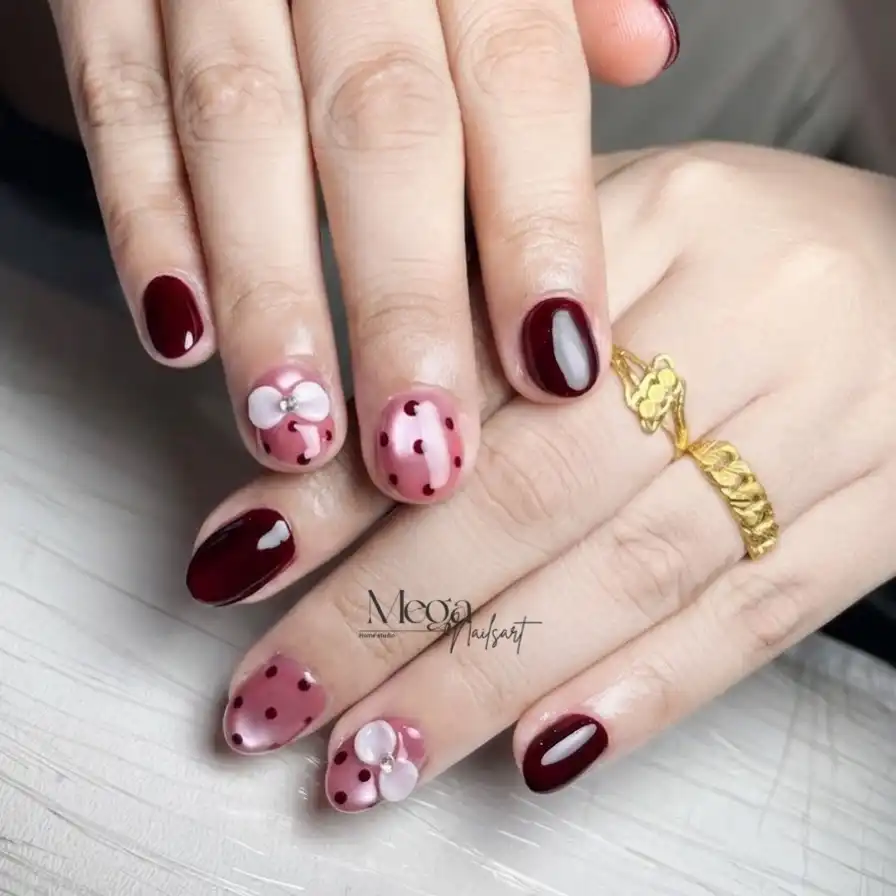 Short maroon with pink polka-dot accents and raised bows