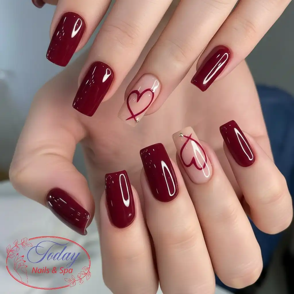 Maroon solids with nude heart-outline accent nails