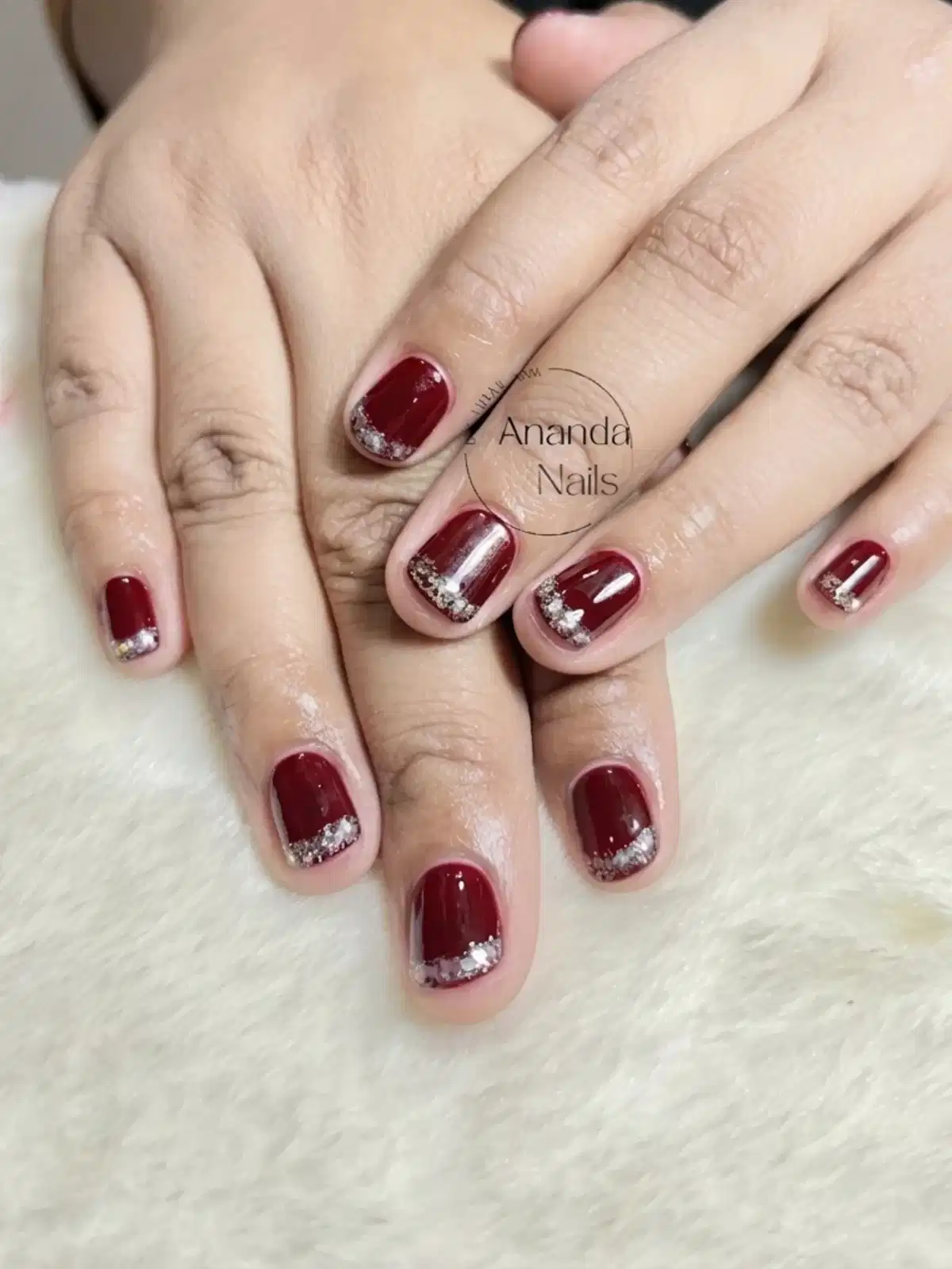 Short Maroon Squares with Silver Glitter Tips