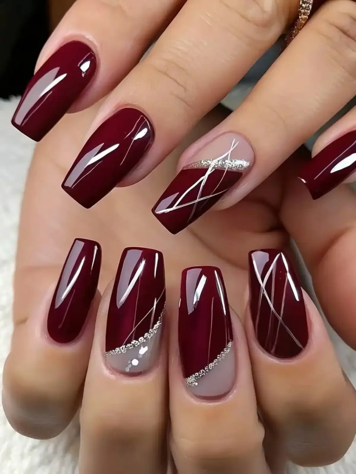 Geometric Maroon Squares with Silver Linework