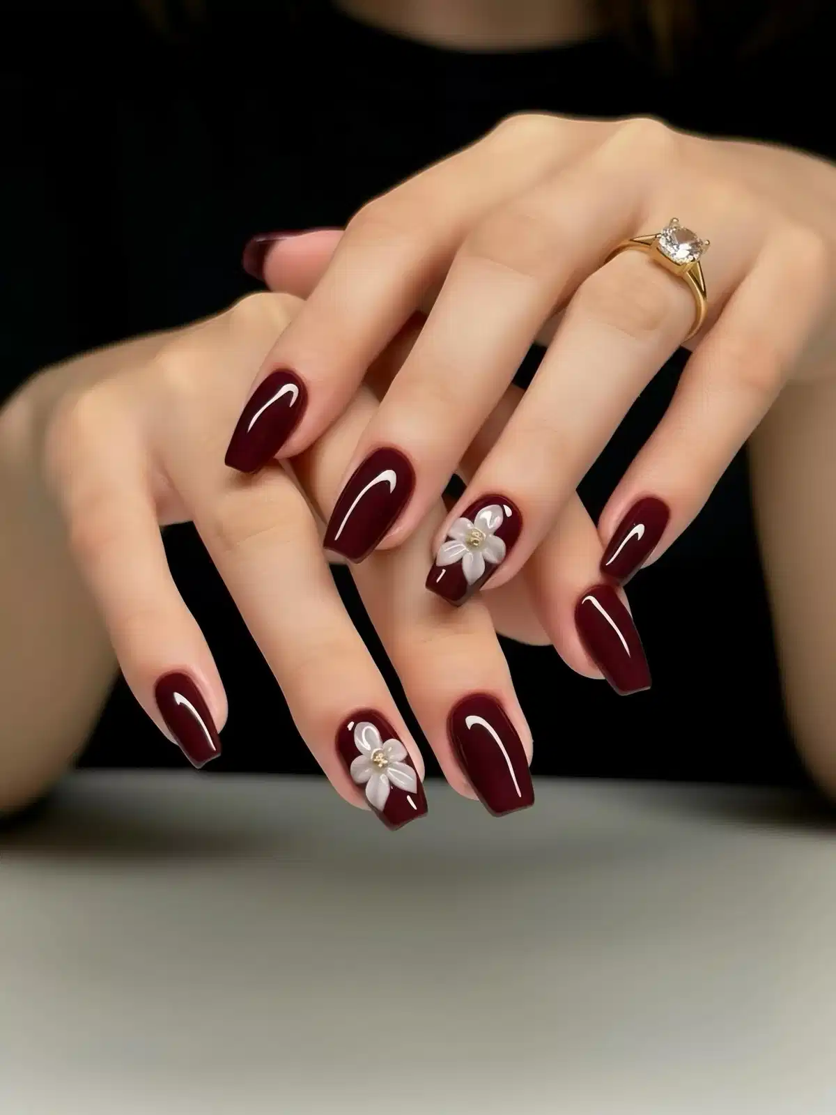 Glossy Maroon Squares with White Flower Accents