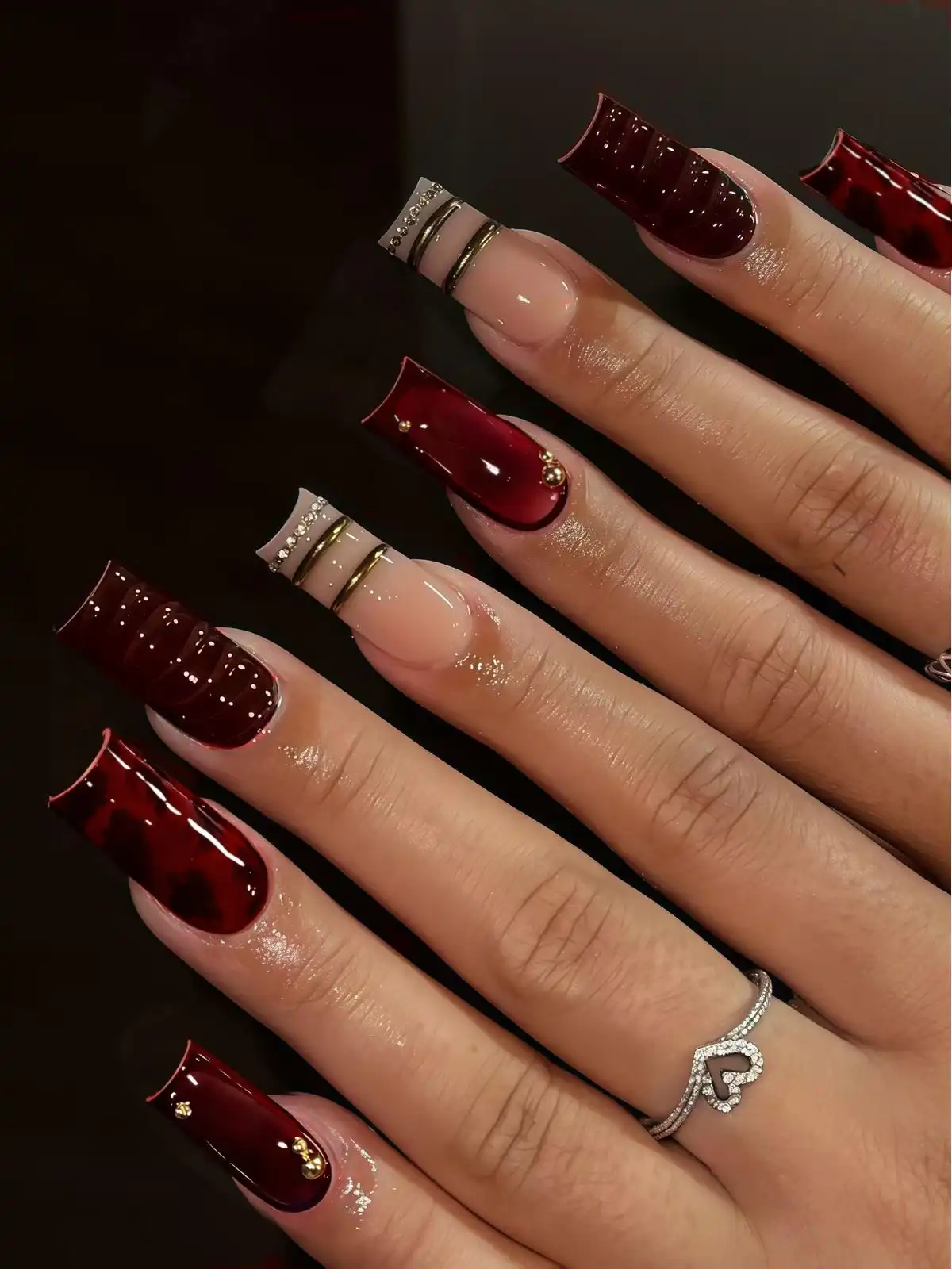Maroon French Tips with Gold Grid Accent