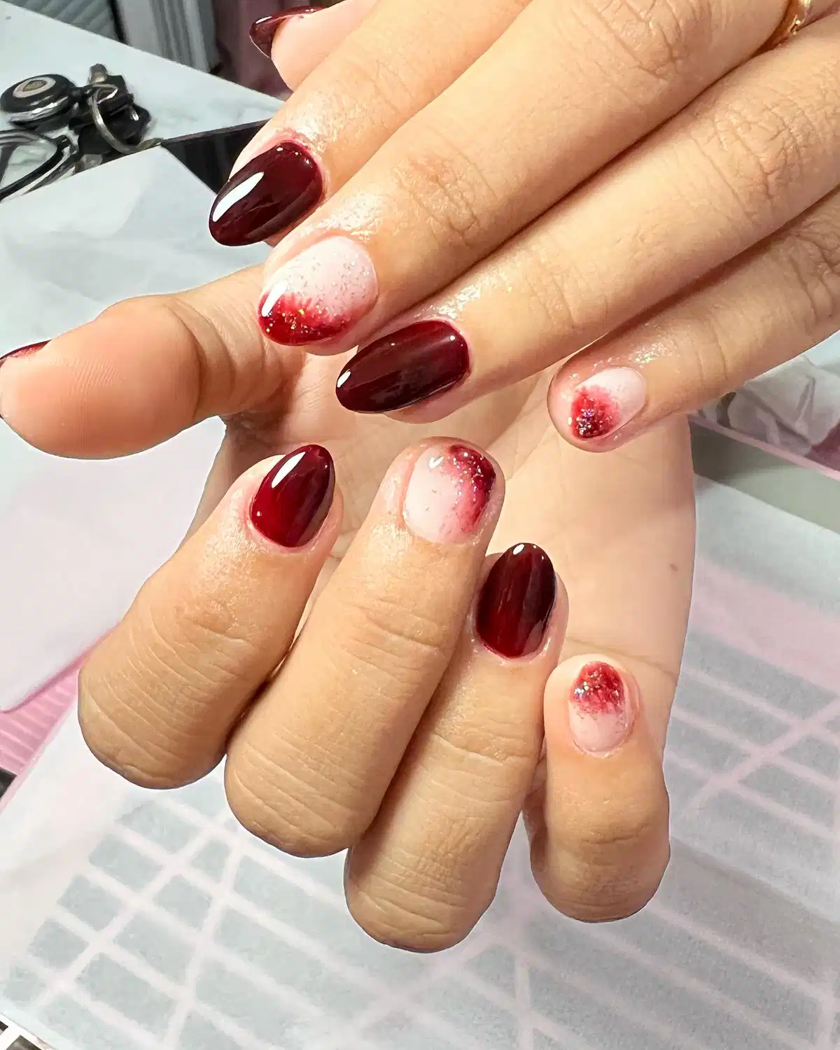 Maroon solids with red glitter gradient accents