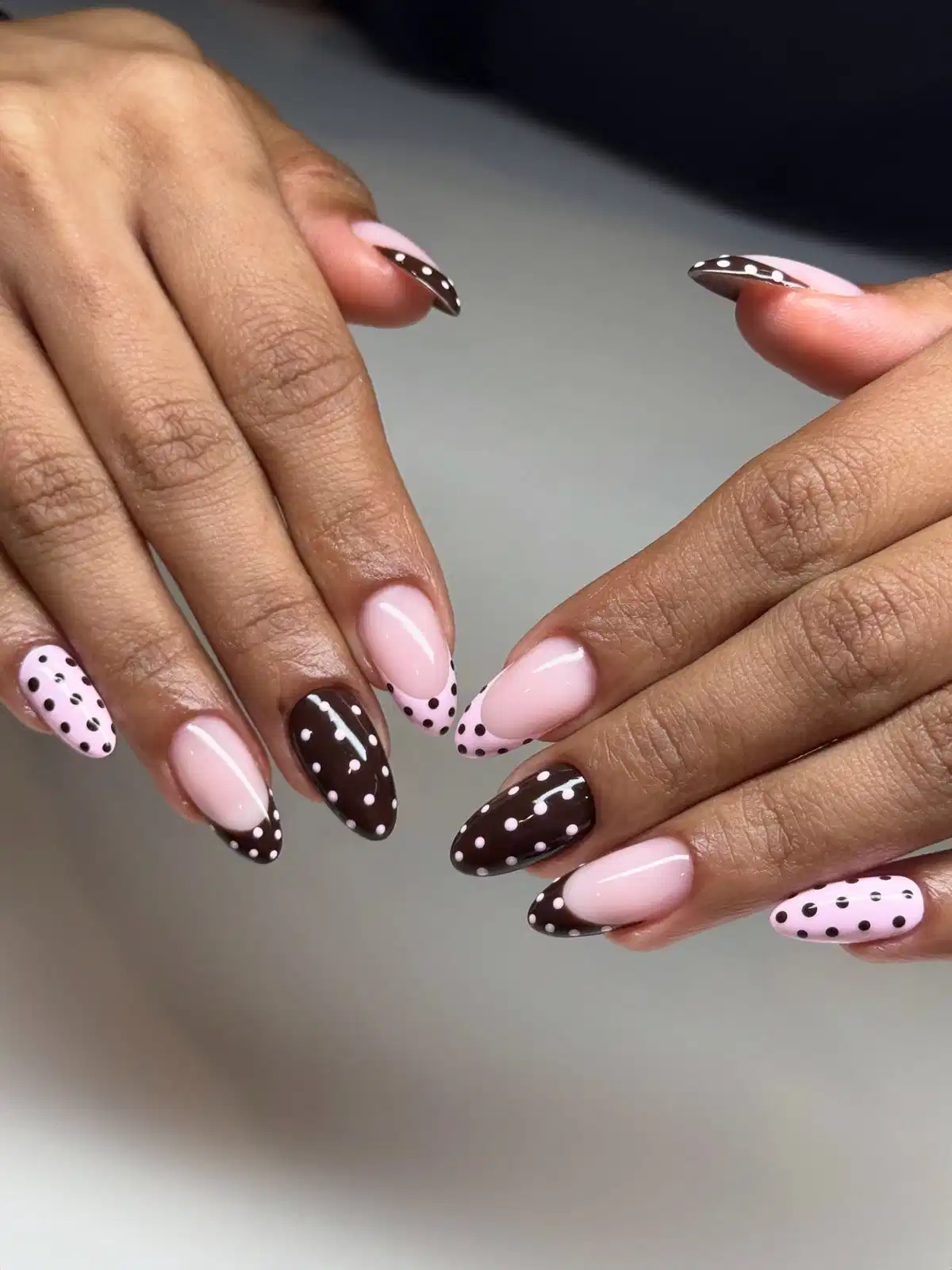 French tips and polka dots in pink and brown