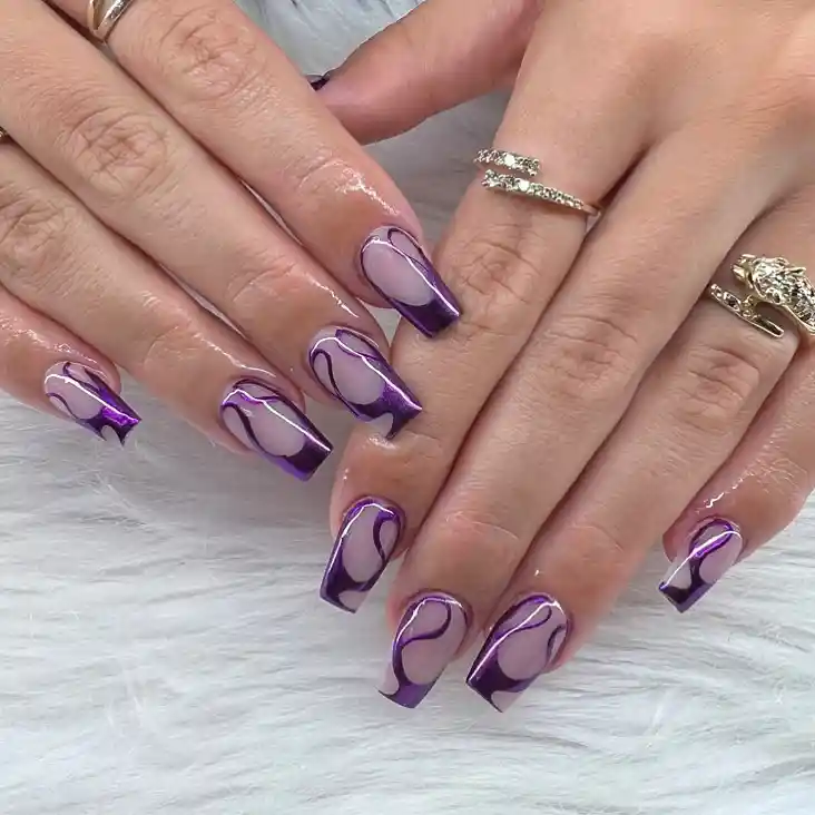 Purple metallic French tips with wavy outlined negative-space design