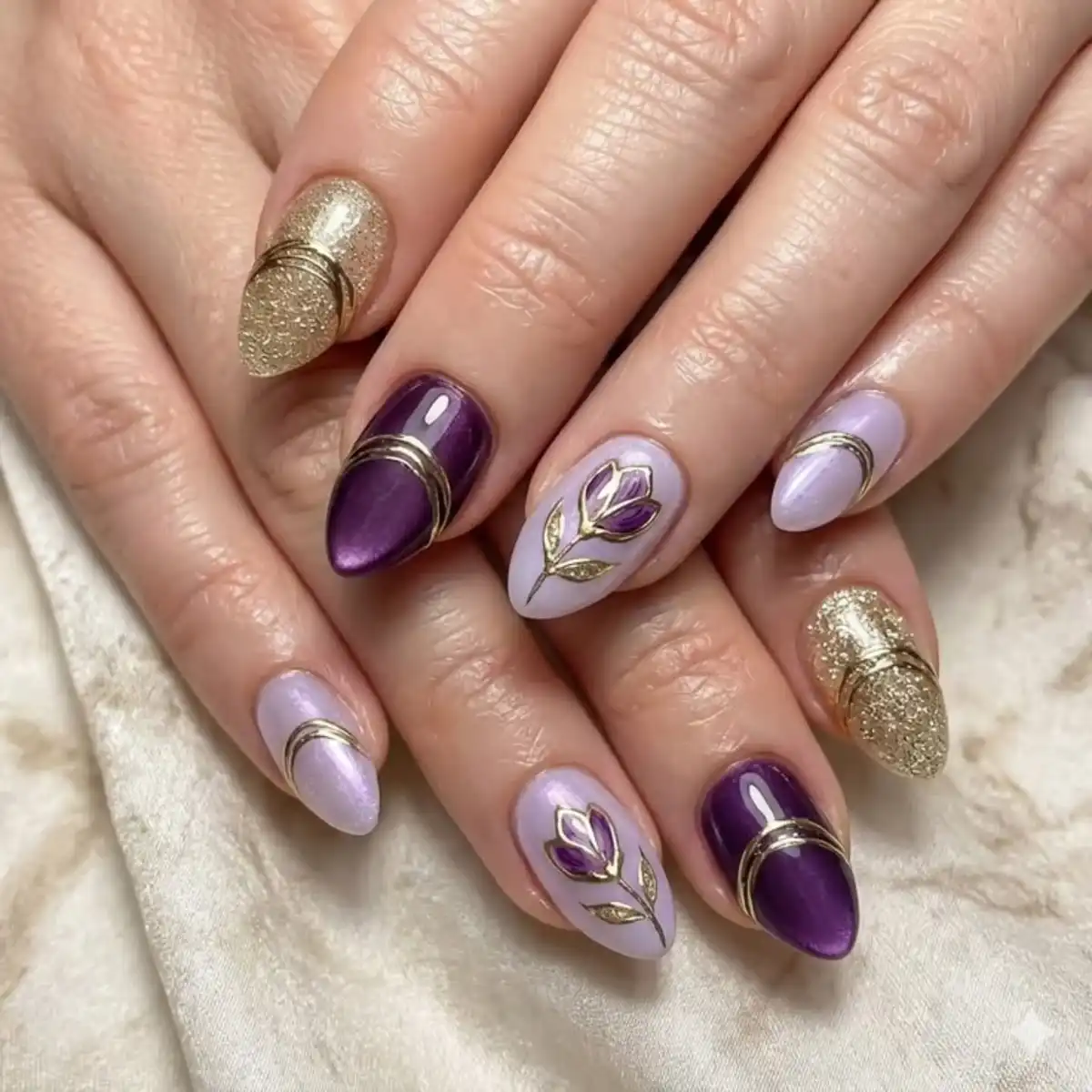 Lilac and Deep Purple with Gold Bands and Floral Outline