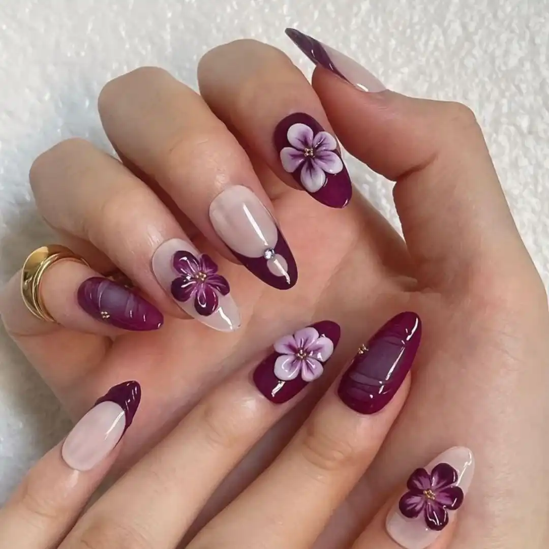 Nude and Deep Purple with 3D Floral Accents