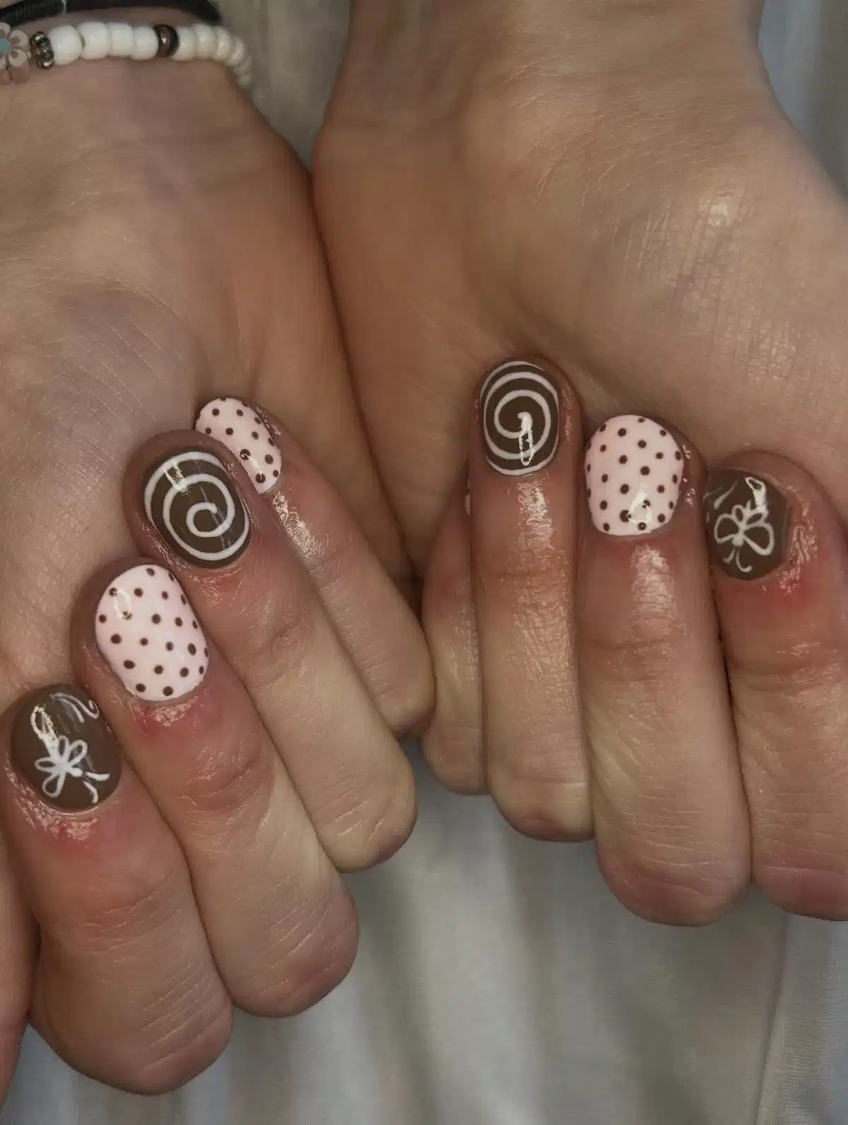 Brown and Pale Pink with Spirals and Polka Dots