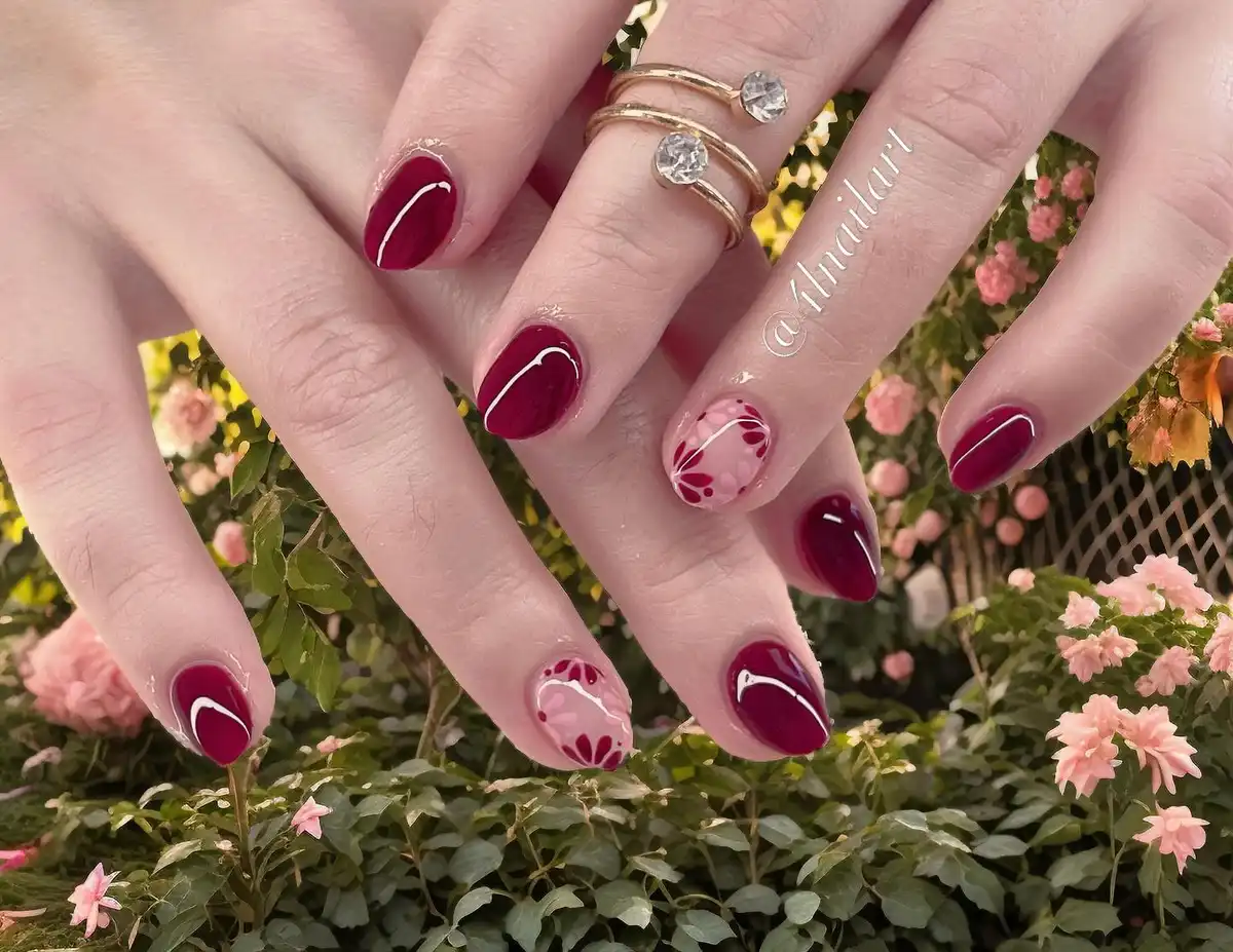 Deep maroon with pink floral-pattern accents