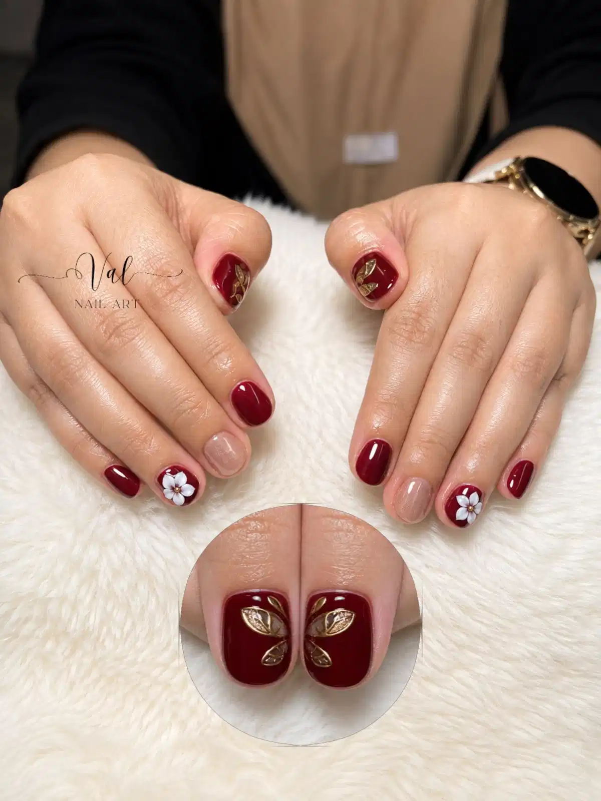 Maroon with white floral art and gold leaf accents