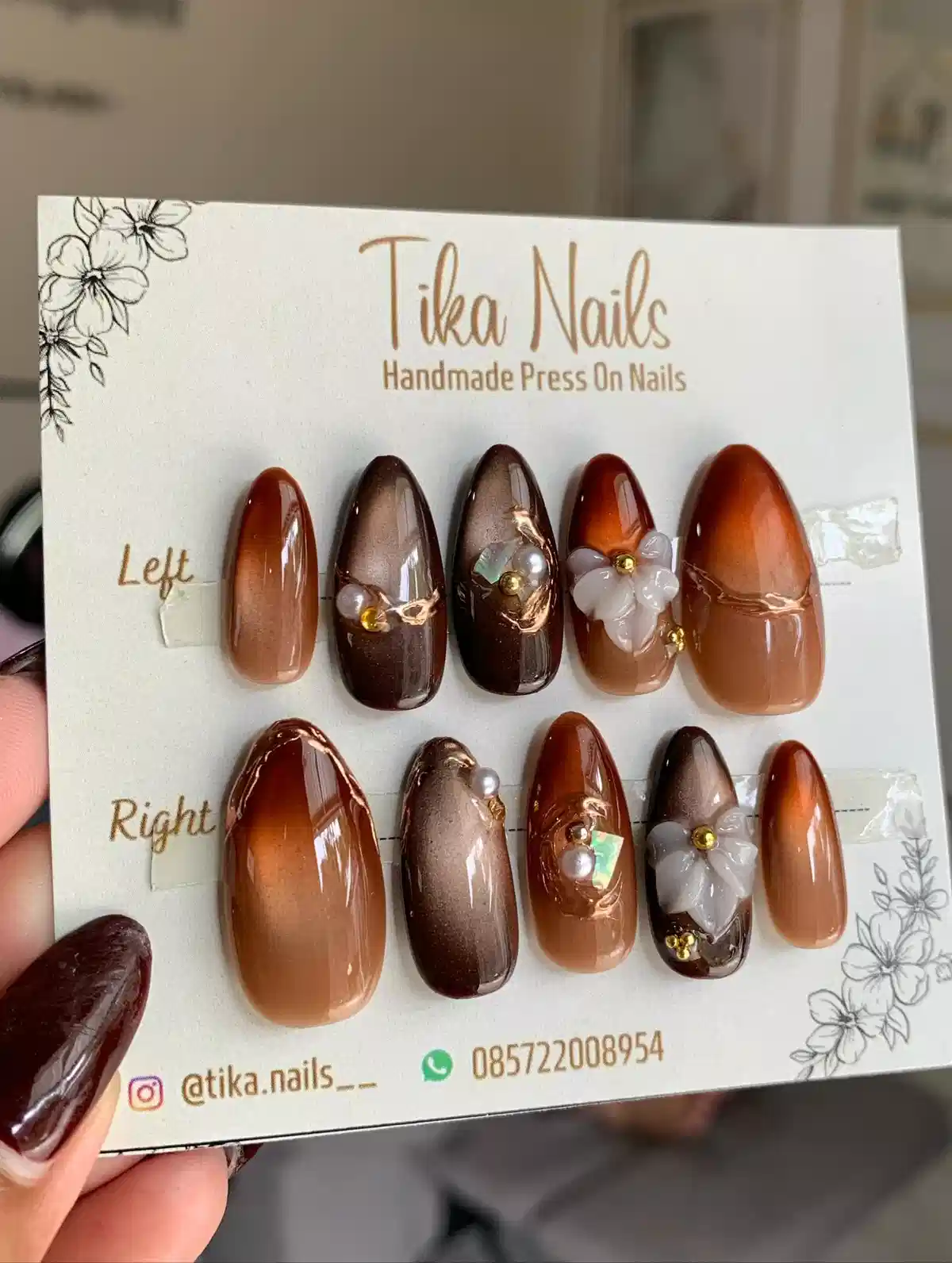 Brown gradient set on branded card with pearls, gold beads, and 3D flowers