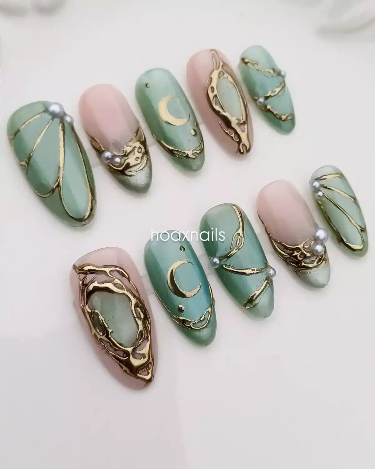 Sage green and nude set with gold lines, pearls, and crescent moons