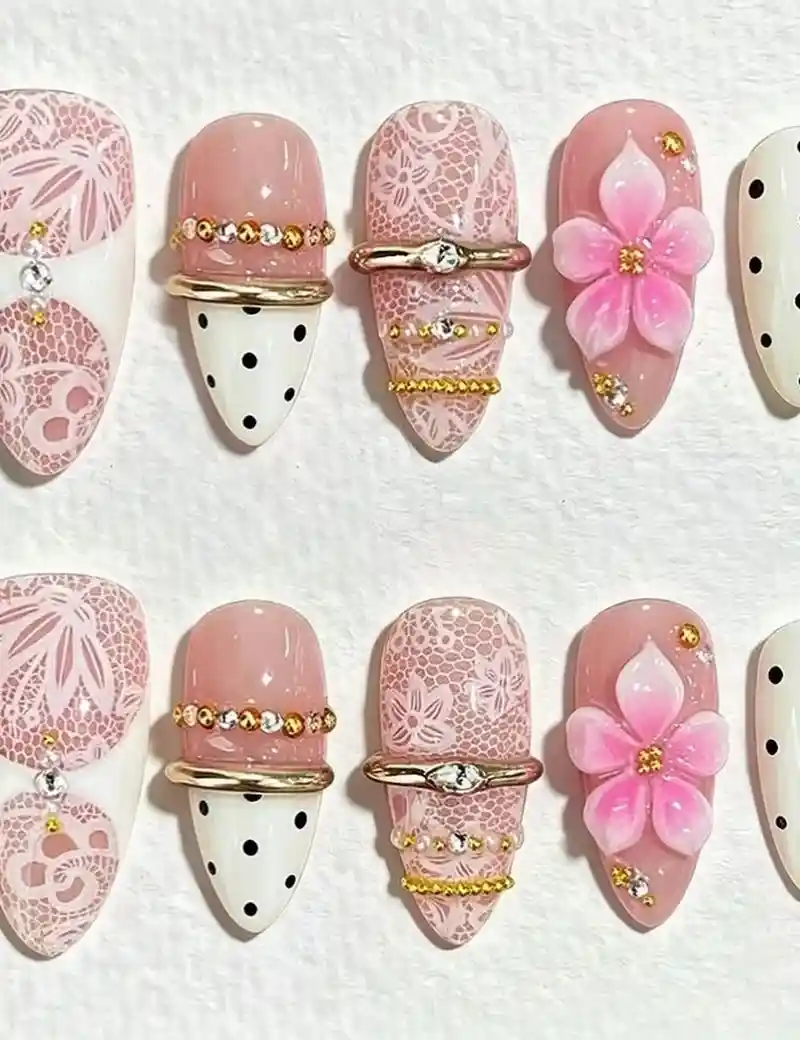 Pink lace and polka-dot set with 3D flower and gem accents