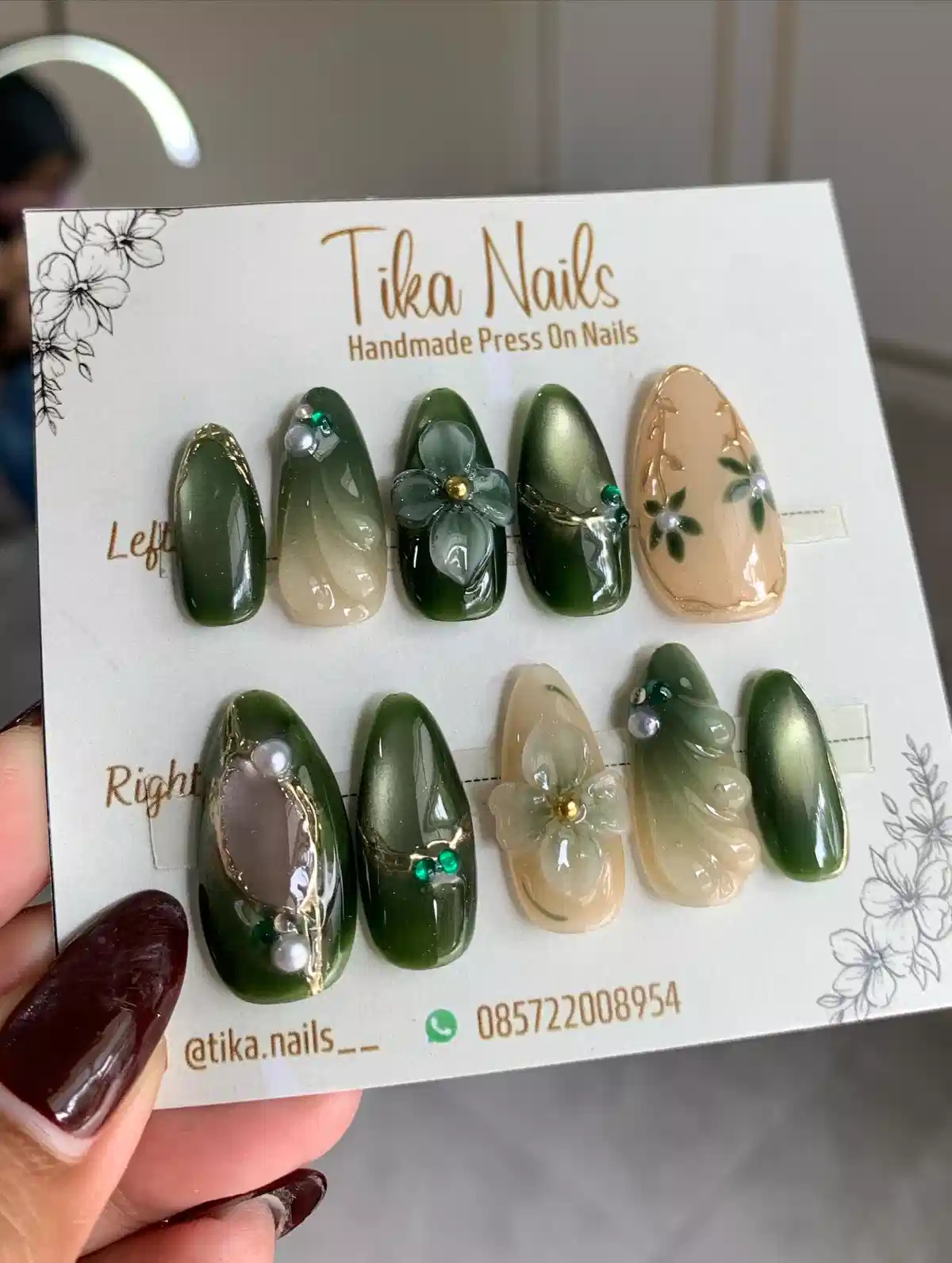 Green and nude set with 3D flowers, pearls, and leaf details