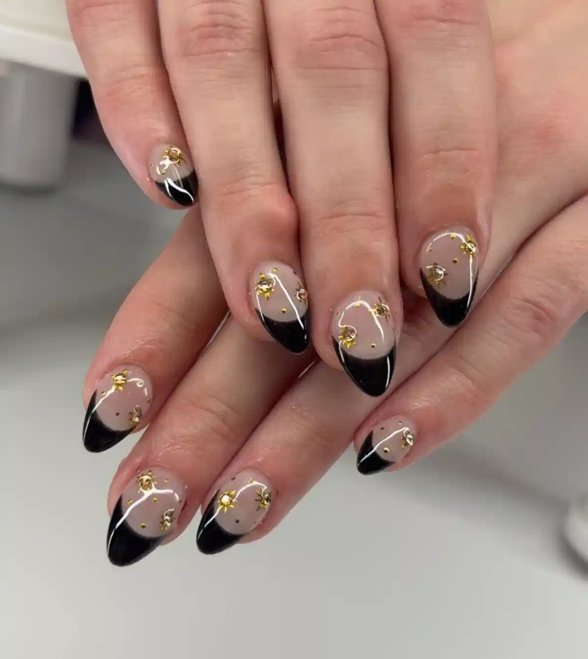 Classic Black French Tips with Gold Star Studs