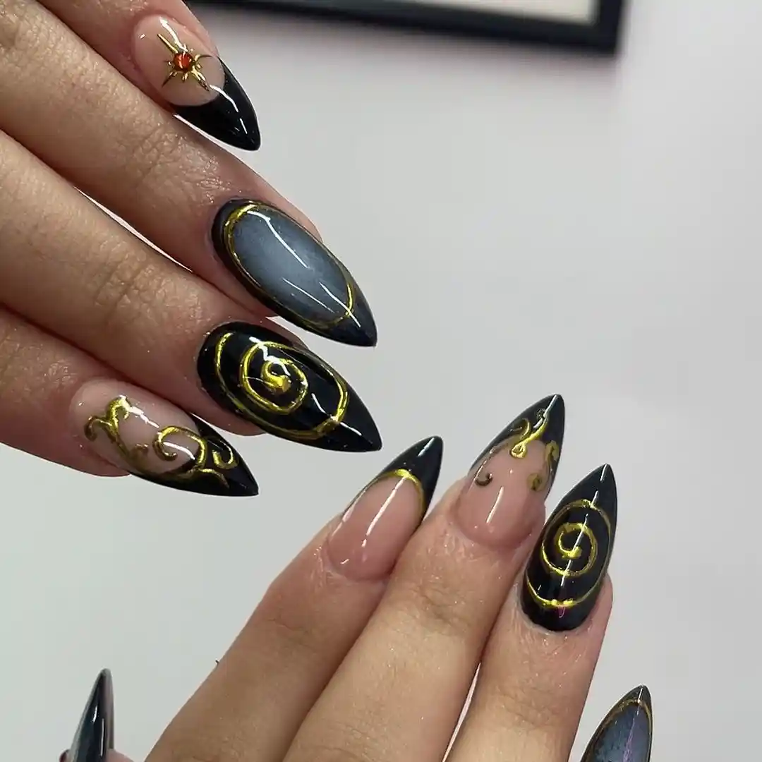 Gold spiral linework on black with mixed nude accents