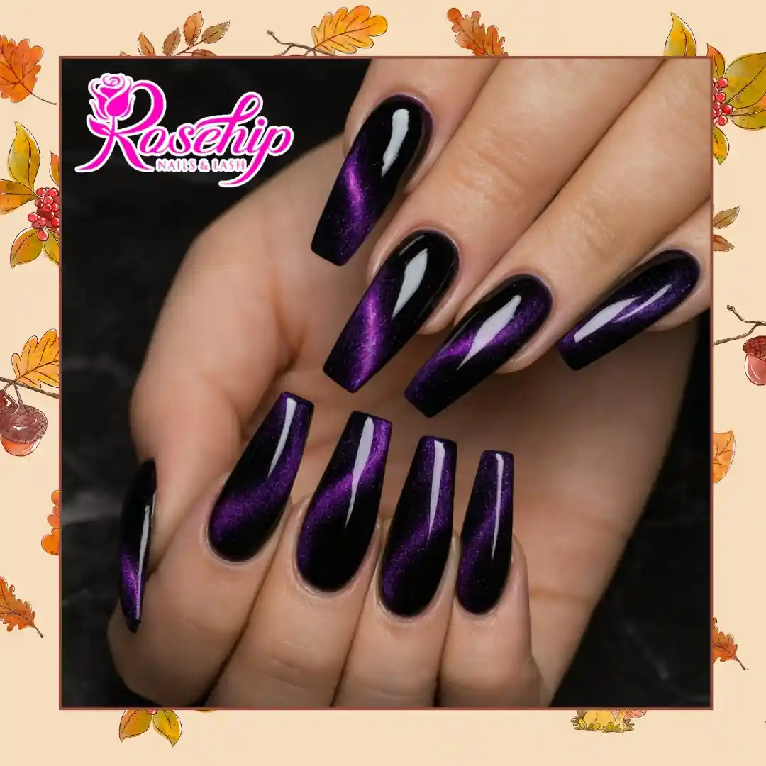 Black coffin nails with purple diagonal shimmer (branded frame)