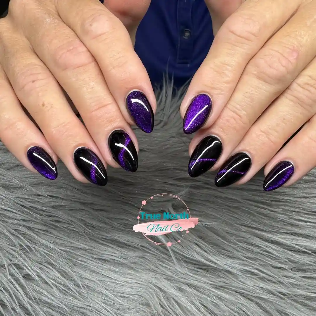 Black base with purple diagonal accents (logo overlay)