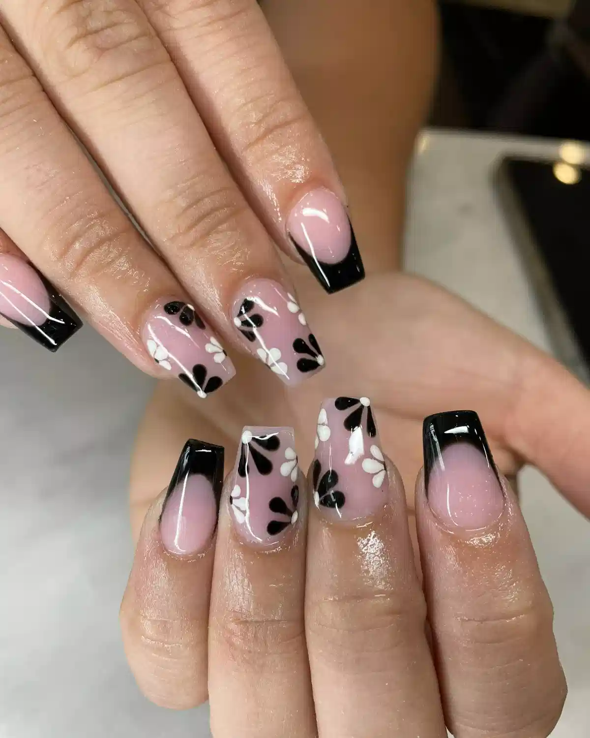 Pink Base with Black French Tips and Black/White Floral Shapes