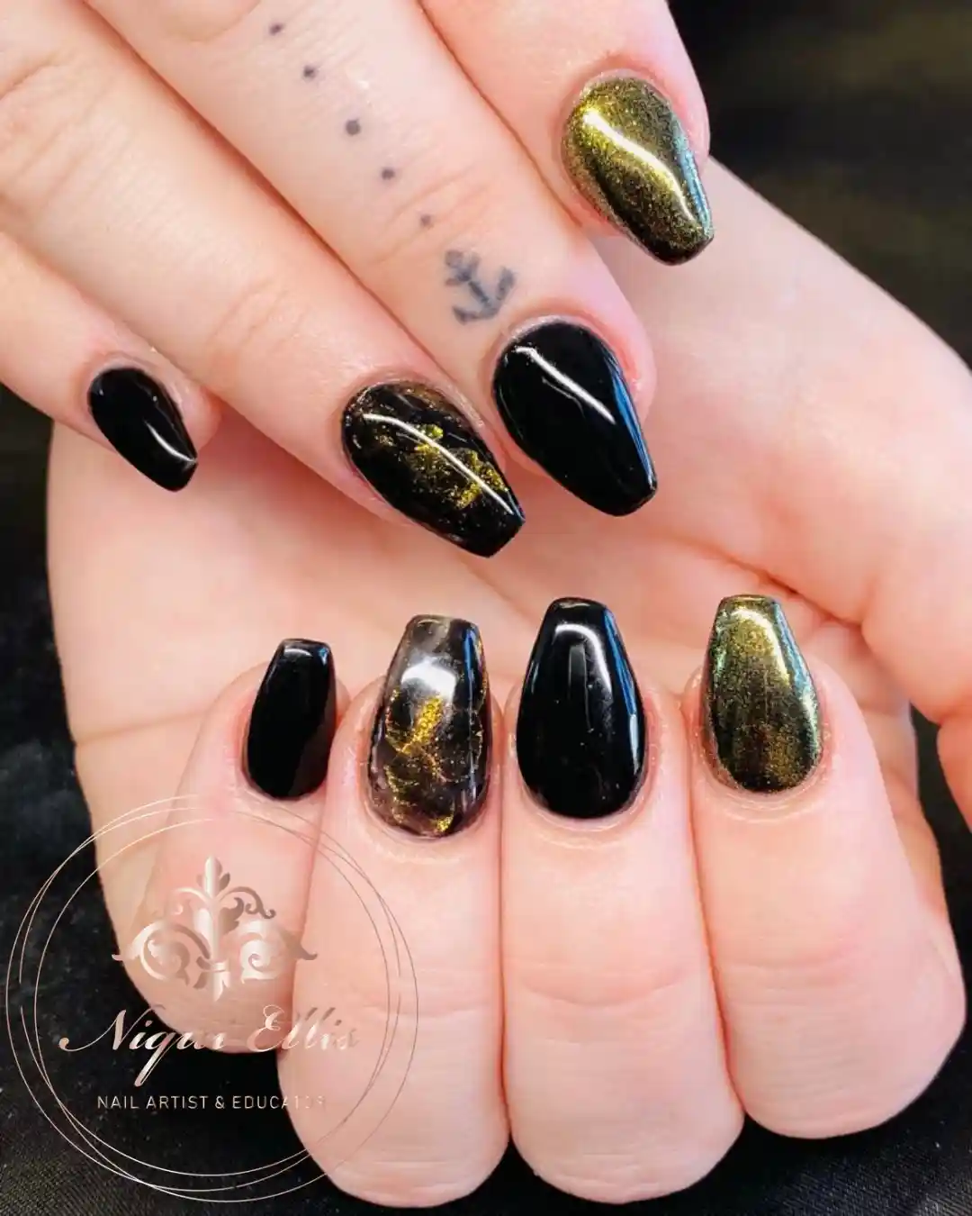 Glossy black and metallic gold mix with gold fleck accent