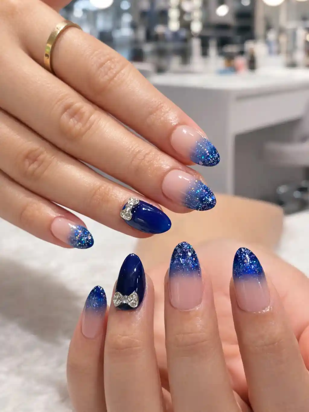 Blue glitter ombré with silver bow accents