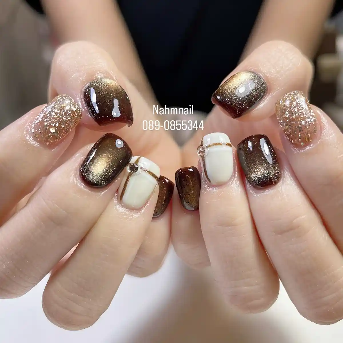 Brown-gold shimmer gradients with glitter and striped off-white accents