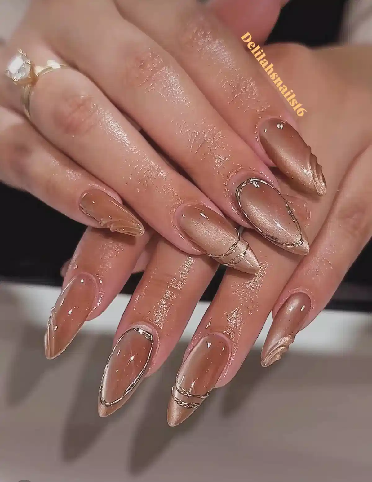 Champagne nude cat-eye nails with metallic outline detailing