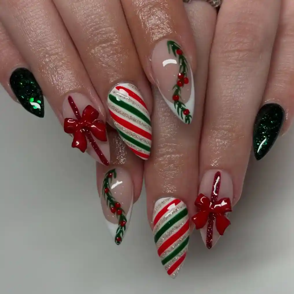 Striped red/green accents with raised bow decorations (no plaid visible)