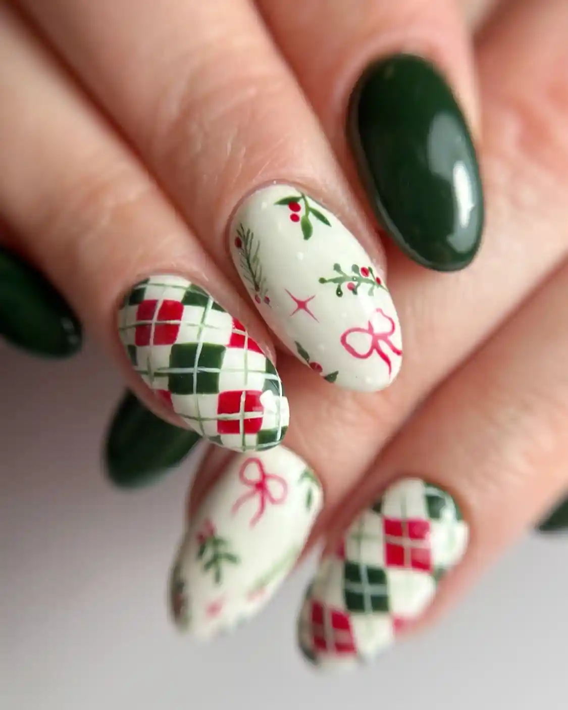 White-and-green grid plaid with red/green blocks and bow accents