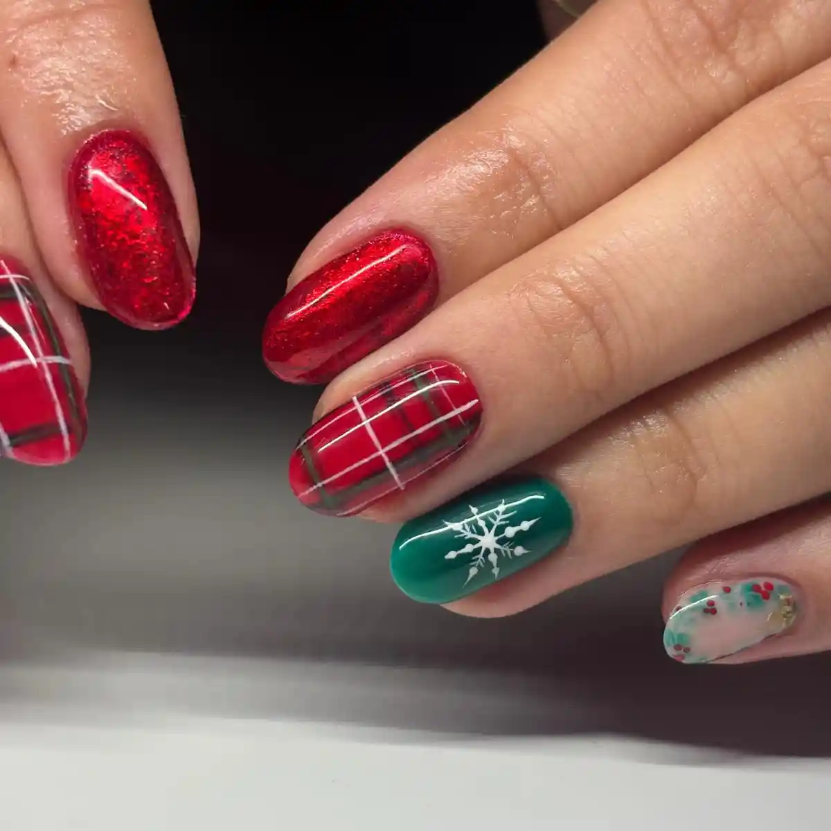 Red shimmer with red plaid and a green snowflake accent