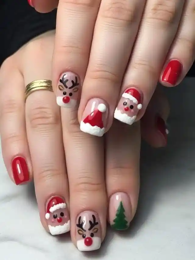 Short glossy red set with Santa, reindeer, and a green tree accent