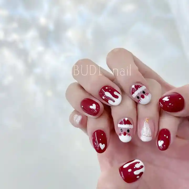 Red-and-white glossy set with hearts and Santa faces