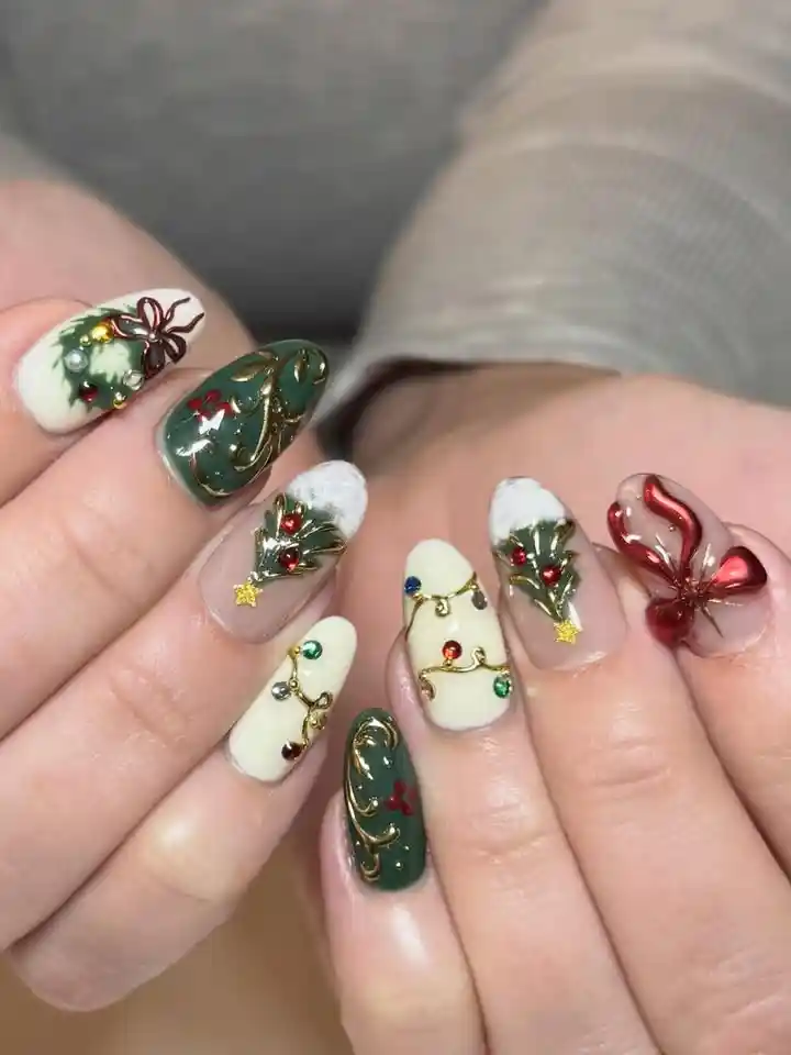 Green and cream set with gold swirls, raised white accents, and bow detail